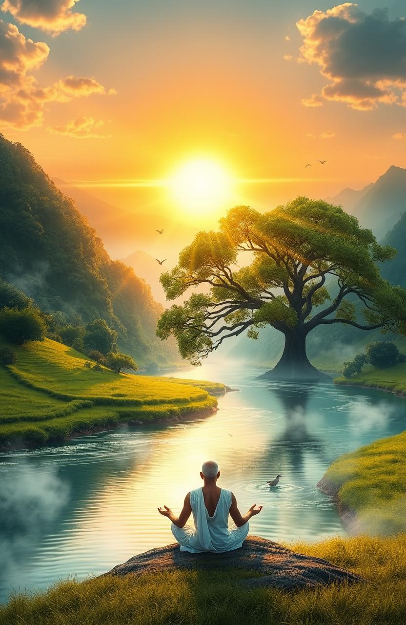A serene landscape depicting the concept of 'Vairagya' or renunciation, showcasing a tranquil river flowing through lush green valleys, symbolizing the path to self-liberation