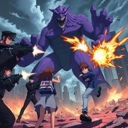 An intense anime scene where FBI agents are in a tactical shootout against sinister vampires as a group of heroes battles a colossal purple monster