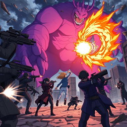 An intense anime scene where FBI agents are in a tactical shootout against sinister vampires as a group of heroes battles a colossal purple monster