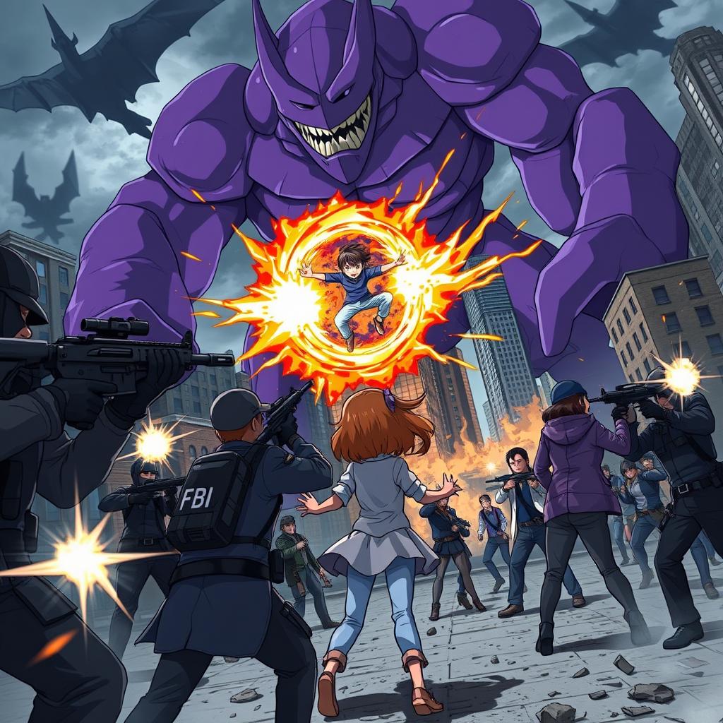 An intense anime scene where FBI agents are in a tactical shootout against sinister vampires as a group of heroes battles a colossal purple monster