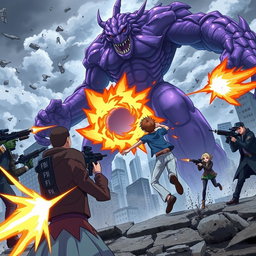 An intense anime scene where FBI agents are in a tactical shootout against sinister vampires as a group of heroes battles a colossal purple monster