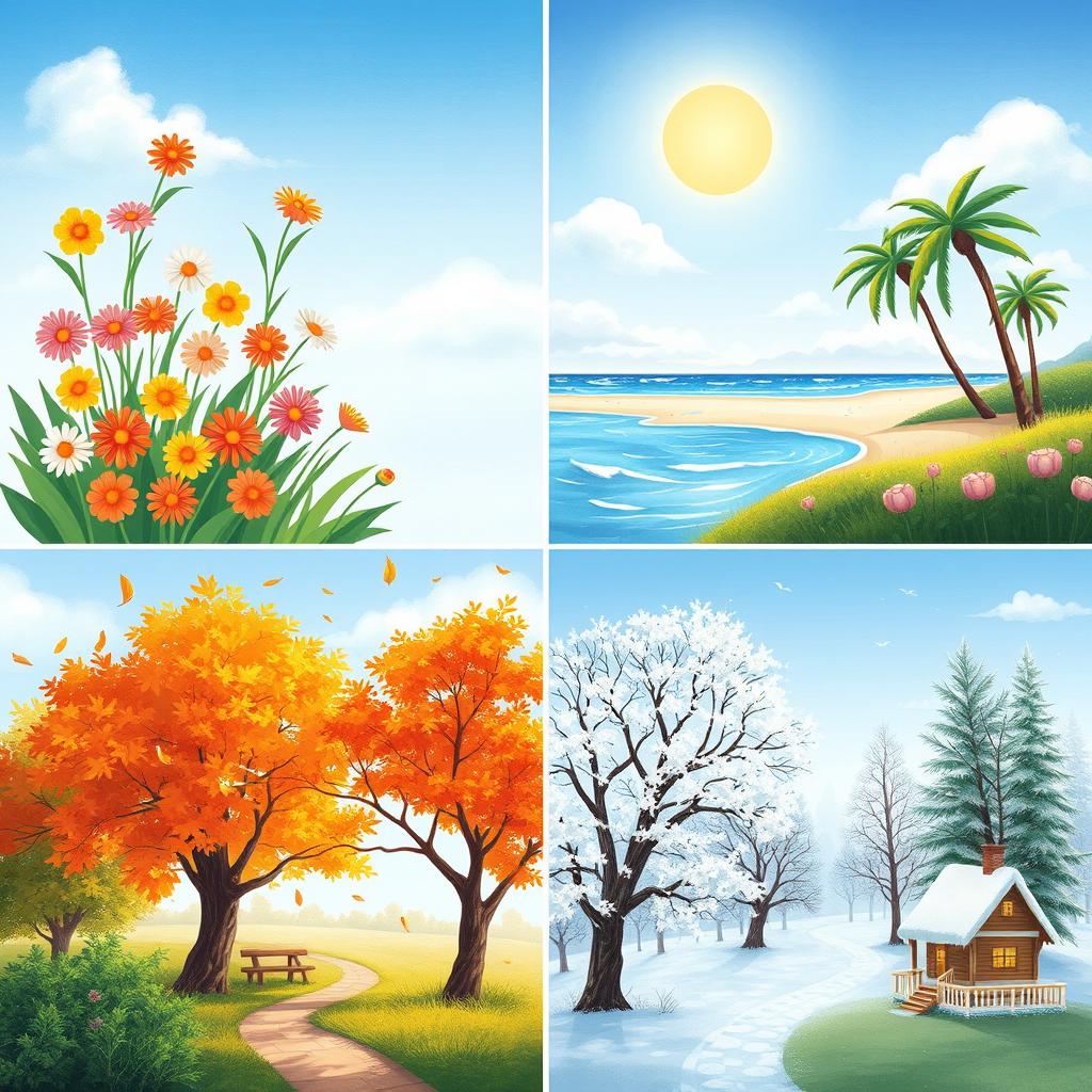 A captivating depiction of the four seasons: spring, summer, autumn, and winter, illustrated in a harmonious composition