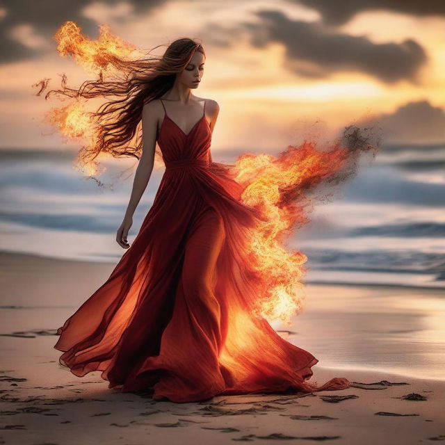 A runway fashion model on a sandy beach at sunset, mysteriously surrounded by intense, ethereal flames that dance and flicker in the breeze, creating a contrast between the natural beauty of the landscape and the transcendent fire.