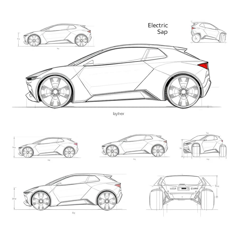 Create a series of sketches and designs of an electric vehicle, including detailed blueprints and specifications