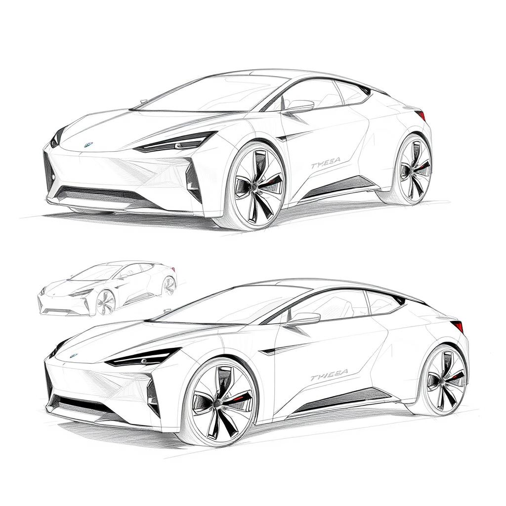 Create several pencil sketches of an electric vehicle, focusing on different angles and design elements