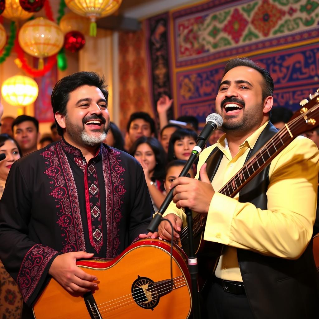 A vibrant, lively scene featuring two famous Iranian singers, Naser Razazi and Hasan Zirak, enjoying a cultural celebration