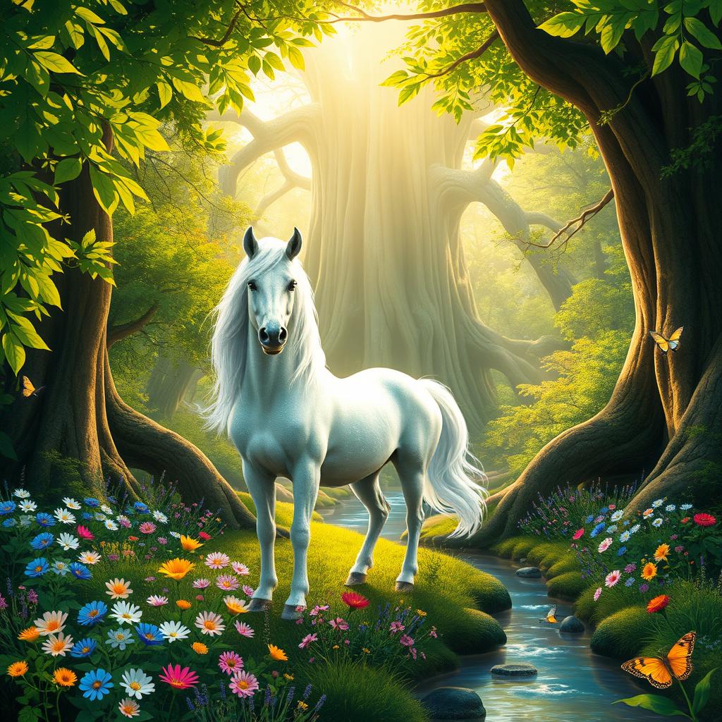 A vibrant and enchanting mythical forest, illuminated by soft, golden sunlight filtering through lush green leaves