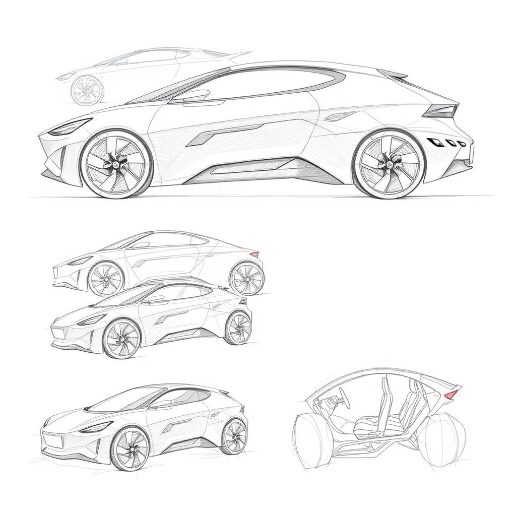 Create a series of pencil sketches for an electric vehicle, showcasing various design perspectives including side views, front and rear angles, and interior layouts