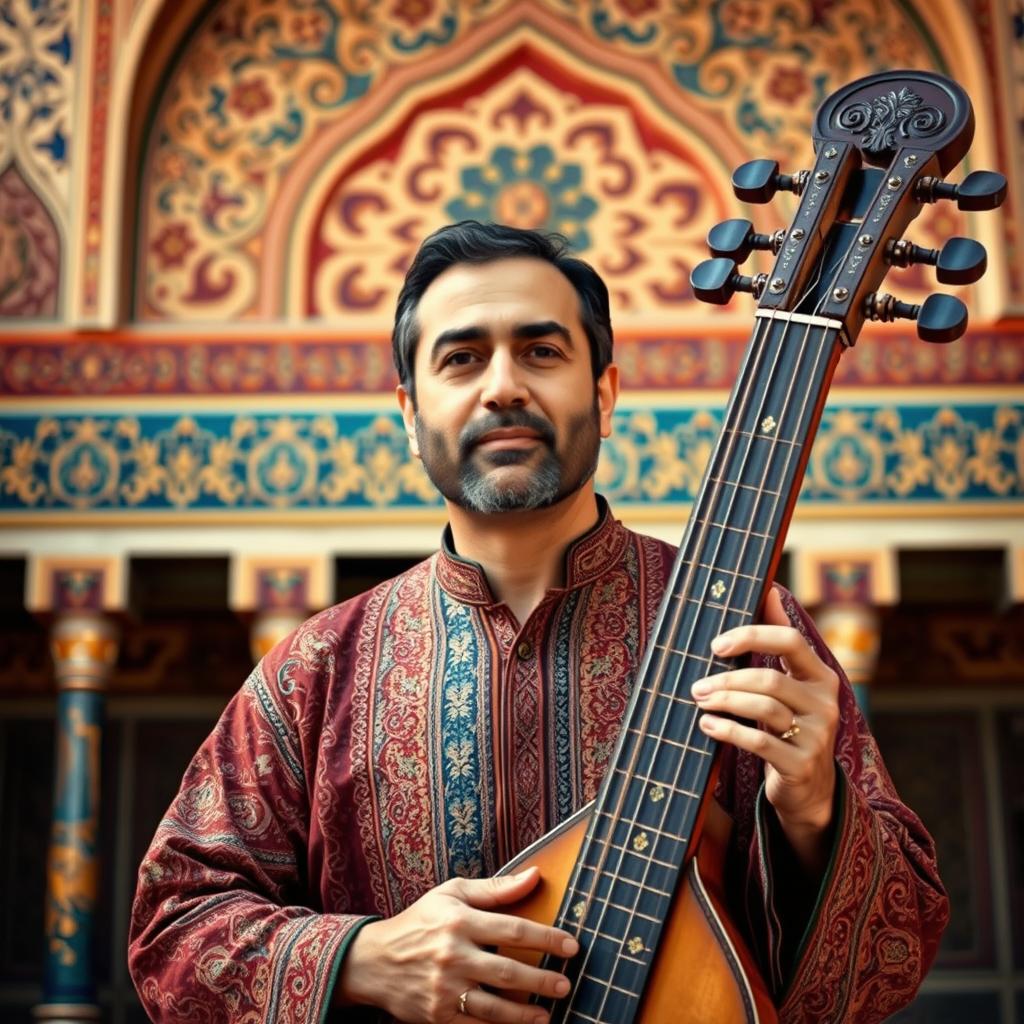 A portrait of Naser Rozazi, an Iranian musician known for traditional Persian music, set against a beautiful backdrop of Persian architecture with intricate tile work