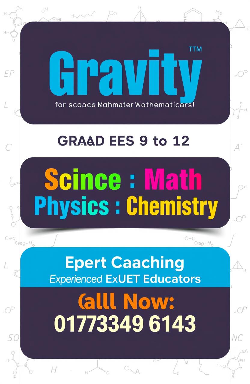A promotional poster for a coaching center named 'Gravity', specializing in science, mathematics, physics, and chemistry for grades 9 to 12