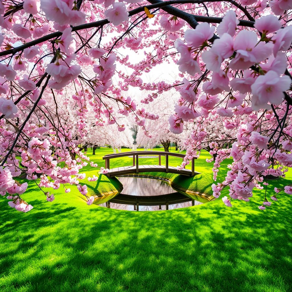A serene Sakura tree garden in full bloom, featuring abundant pink cherry blossoms gently swaying in the breeze