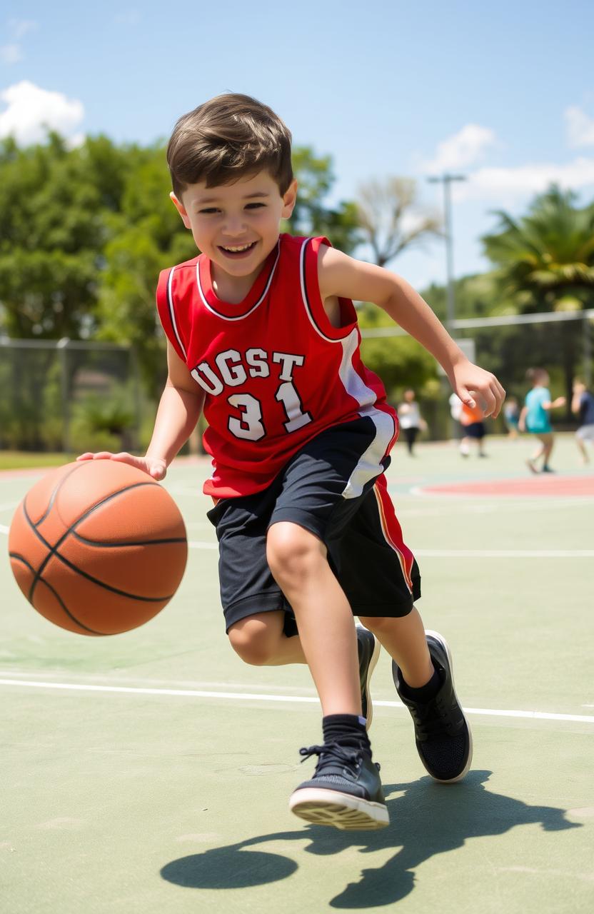 A dynamic scene of a young boy energetically dribbling a basketball on a sunny outdoor court
