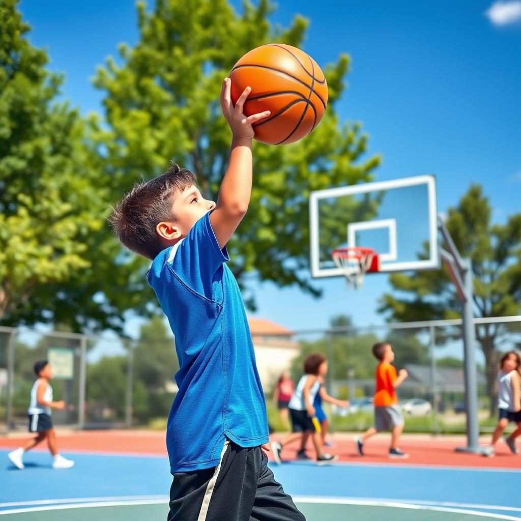 A lively scene featuring a young boy skillfully shooting a basketball at a modern outdoor court