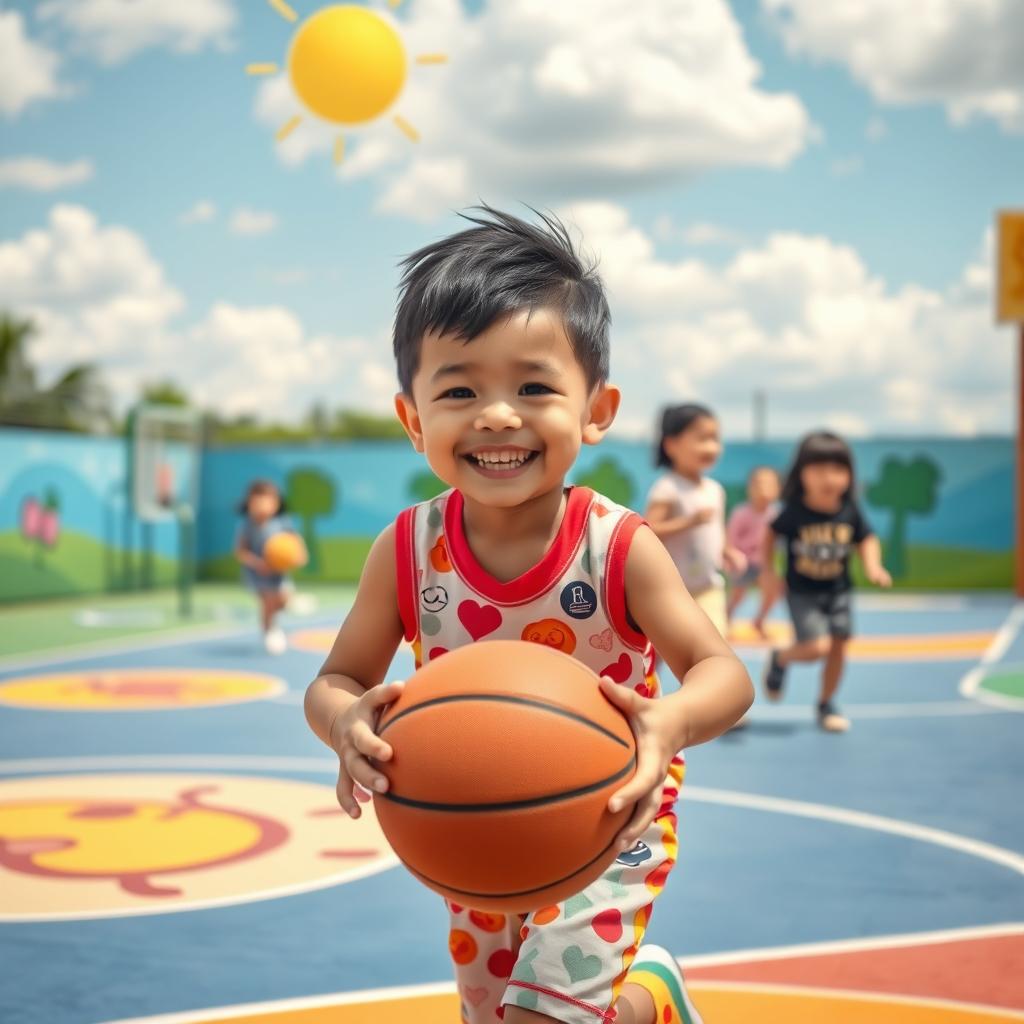 A playful scene of a young boy, appearing cheerful and innocent, dribbling a basketball on a colorful playground court