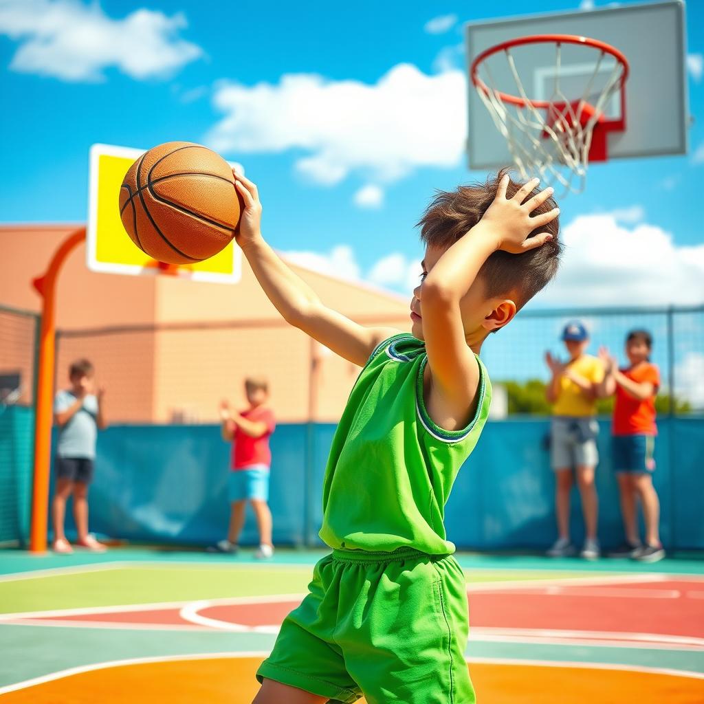 A playful scene depicting a young boy trying to shoot a basketball at a colorful outdoor court, looking slightly frustrated yet determined