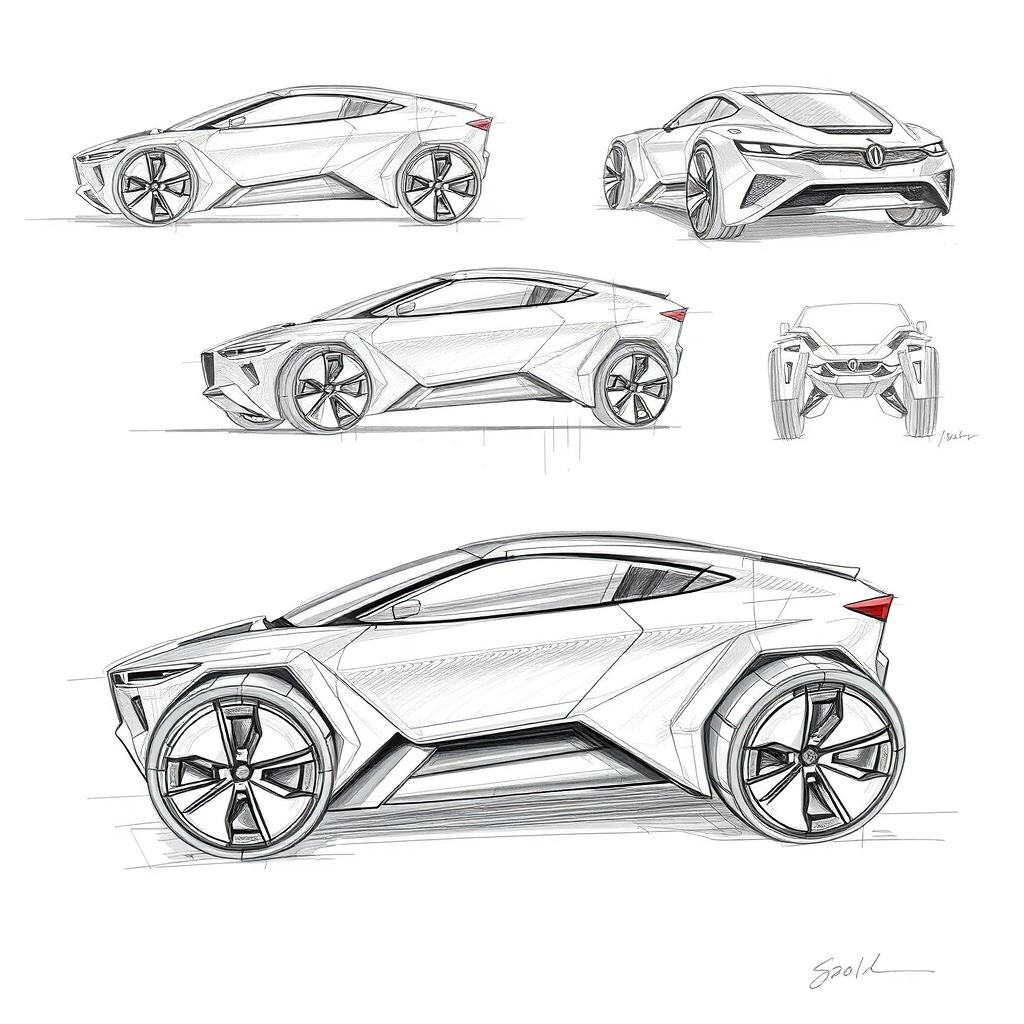 Create several pencil sketches for a futuristic electric vehicle, showcasing innovative design concepts
