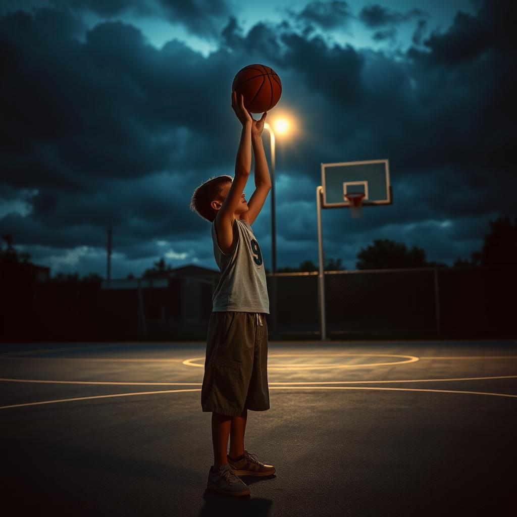 A moody scene depicting a young boy struggling to shoot a basketball at a dimly lit outdoor court during twilight