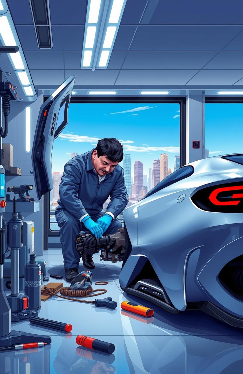 An illustration depicting a professional maintenance session for a high-tech vehicle in a sleek, modern garage
