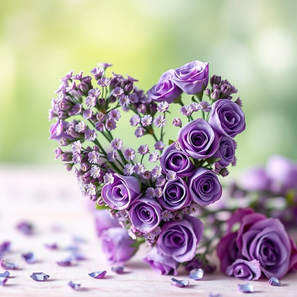 A beautiful heart made of lavender and violet roses, delicately arranged to showcase the soft purple hues of the flowers