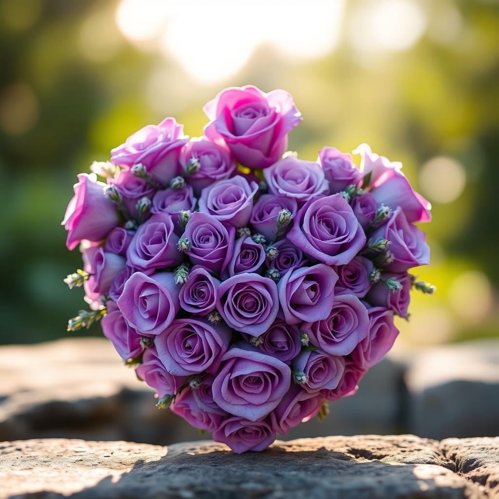 A heart-shaped design made from lavender and violet roses, beautifully arranged to create a vibrant and fragrant bouquet