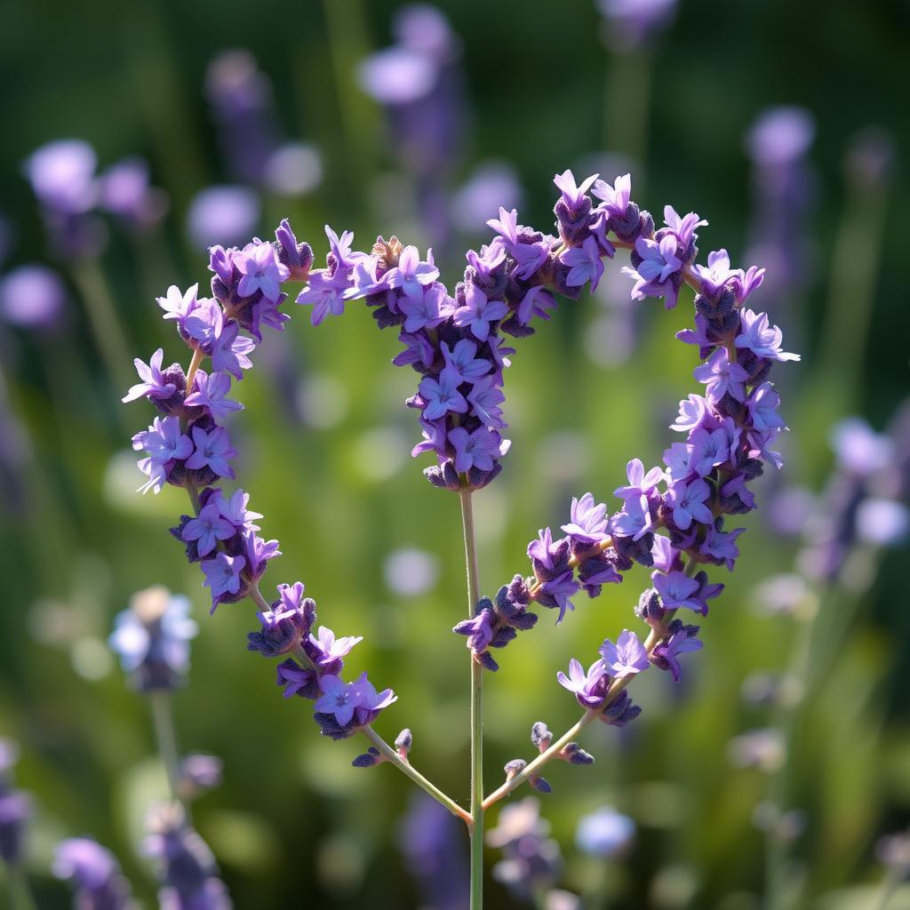 A beautiful violet heart made of lavender, intricately designed with delicate lavender flowers, each petal gleaming under soft sunlight