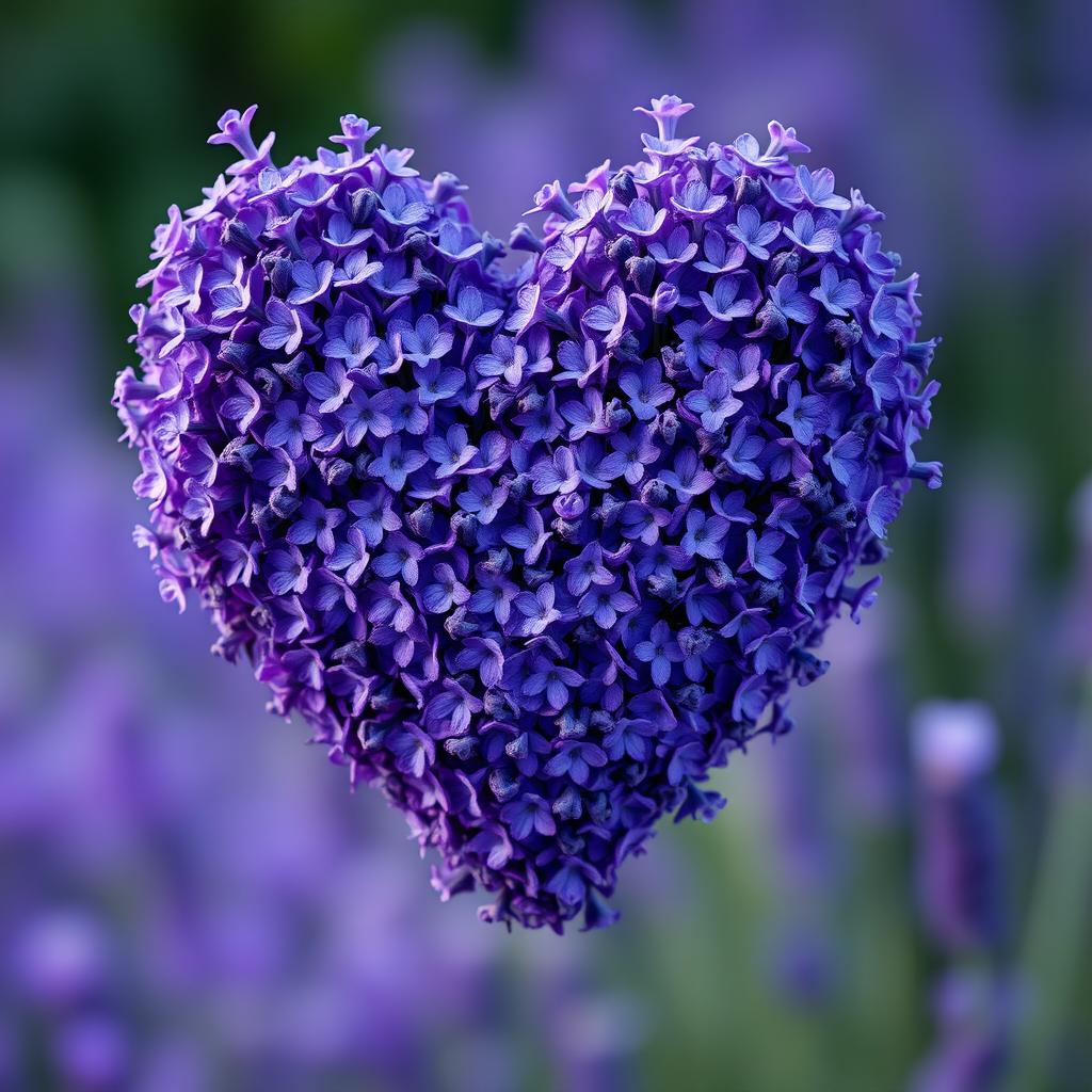 A beautiful violet heart made entirely of lavender flowers, showcasing intricate details of the petals, creating a stunning and aromatic visual