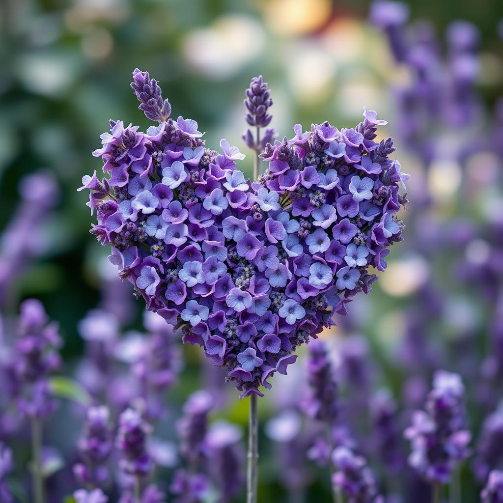 A beautiful violet heart made of lavender flowers, intricately arranged to showcase the delicate petals and greenery