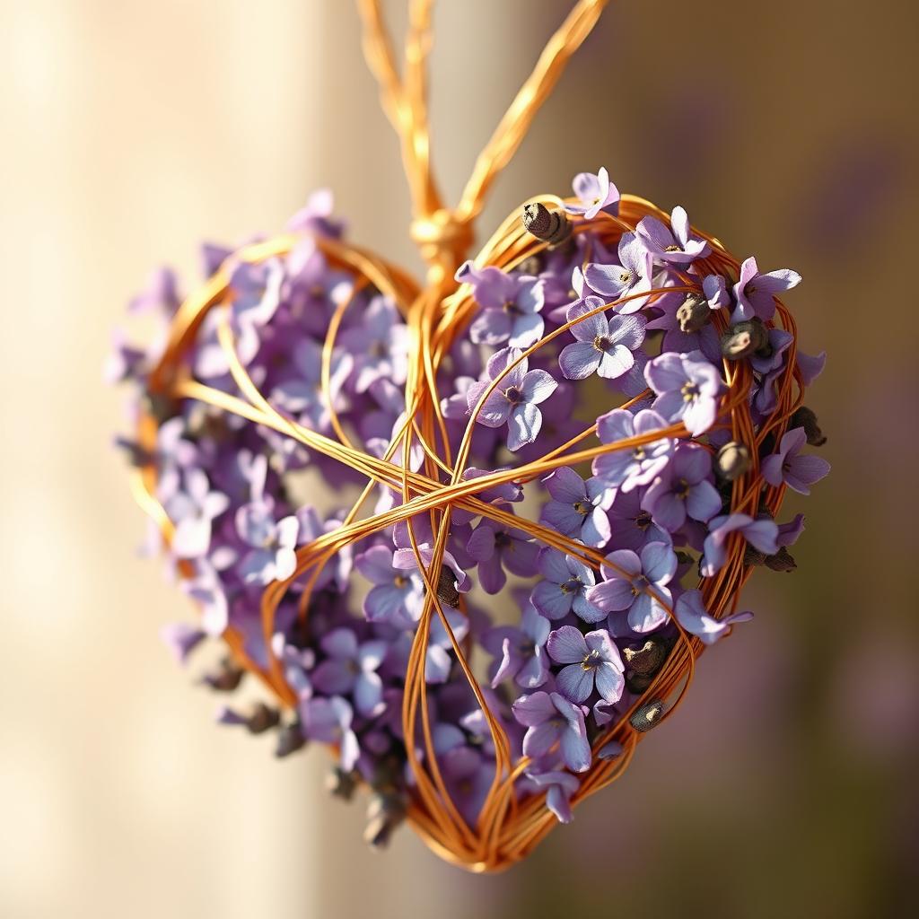 A beautiful heart made of lavender flowers intertwined with golden thread, showcasing intricate details of the delicate lavender petals and the shimmering gold weaving through them