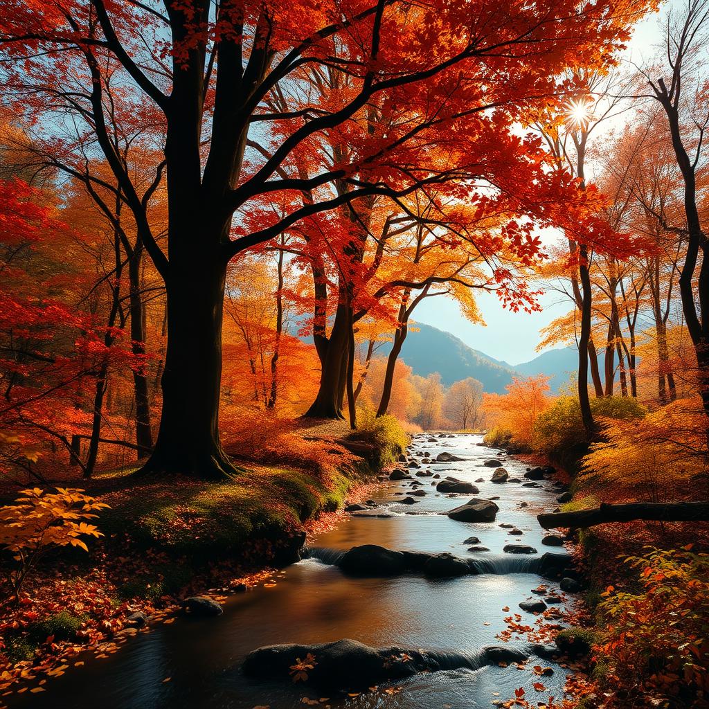 A mystical forest in autumn, with vibrant colors of red, orange, and yellow leaves falling from the trees