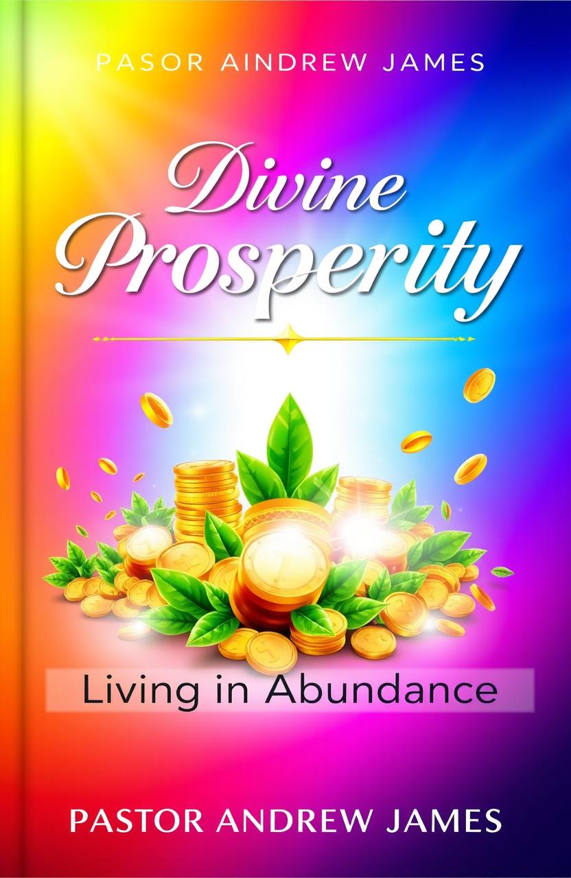 A vibrant and eye-catching front cover for a Christian financial doctrine book titled 'Divine Prosperity' with the subtitle 'Living in Abundance' by Pastor Andrew James