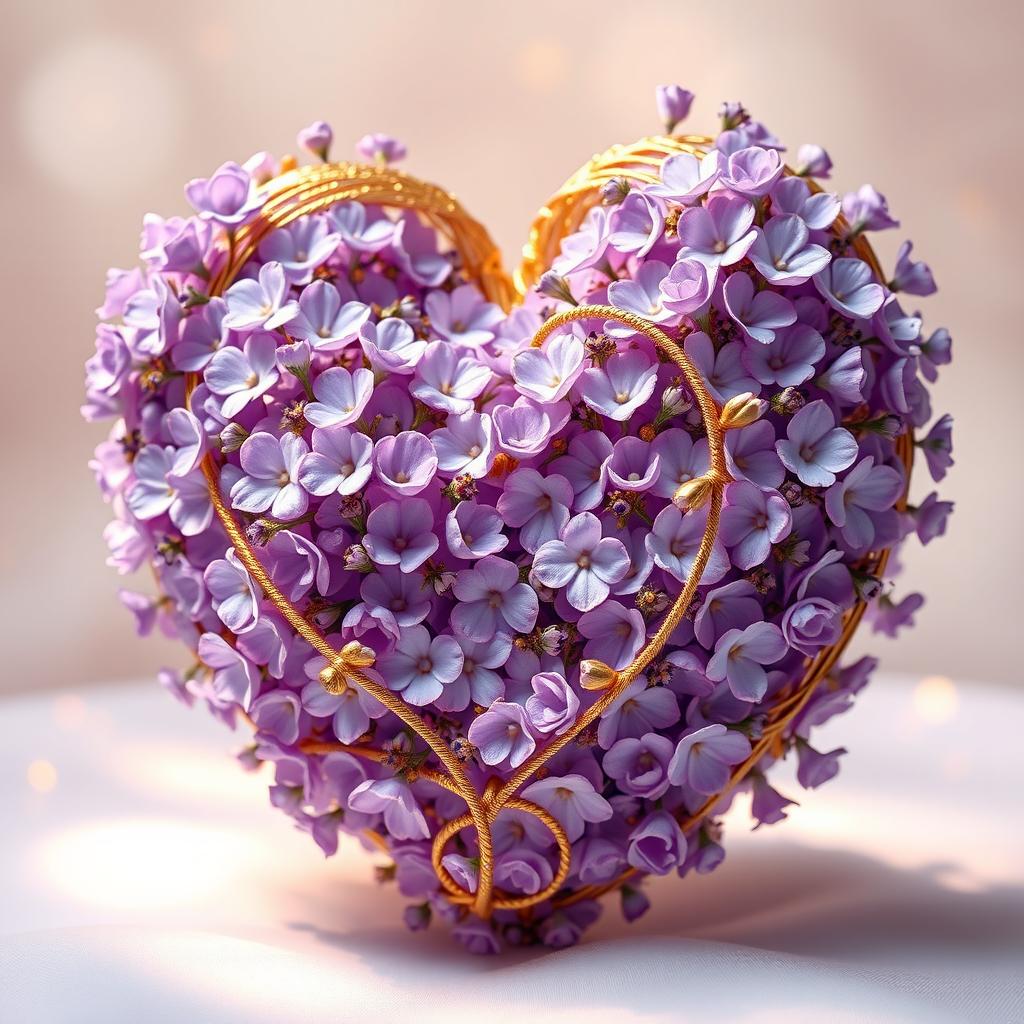 A beautiful heart sculpture made of delicate lavender flowers intertwined with golden thread, showcasing intricate details in both the floral arrangement and the shimmering golden accents