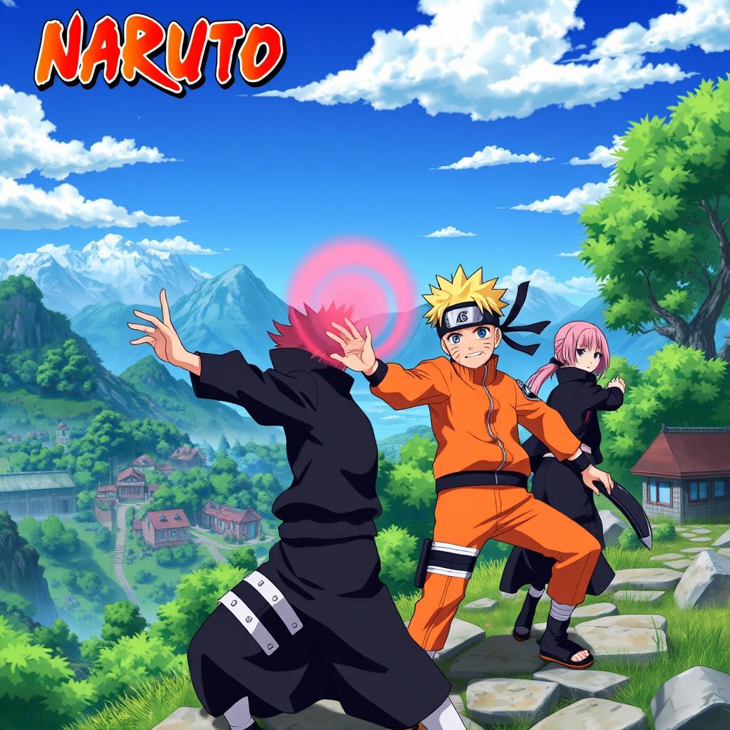 A vibrant anime wallpaper inspired by the world of Naruto, featuring iconic characters such as Naruto Uzumaki in his bright orange jumpsuit, Sasuke Uchiha with his signature dark attire, and Sakura Haruno with her distinctive pink hair