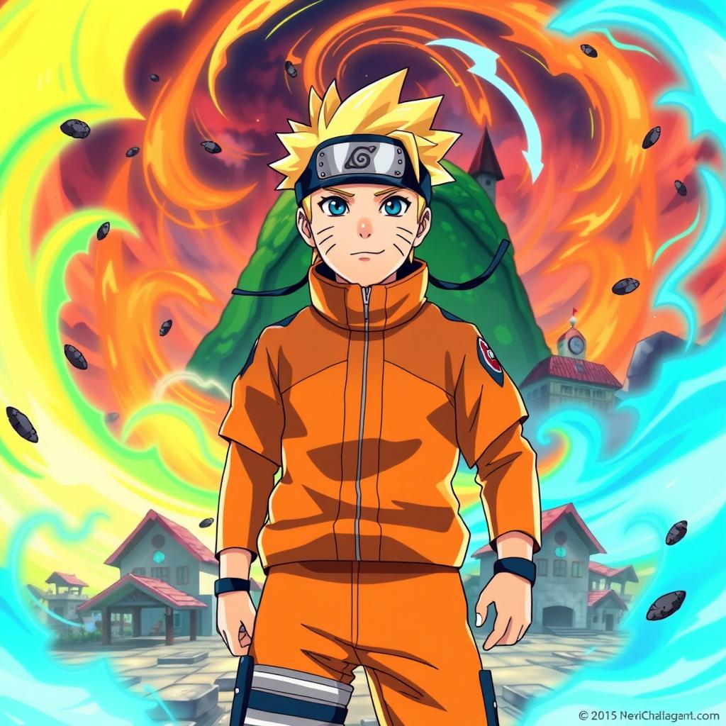 A vibrant anime wallpaper featuring Naruto Uzumaki standing confidently at the front, surrounded by a dynamic background of swirling chakra and the iconic Hidden Leaf Village