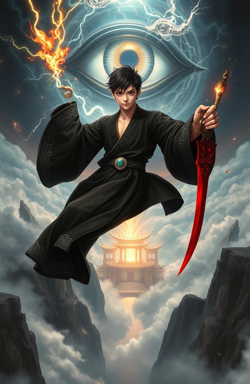 An 18-year-old black-clad youth stands suspended in mid-air, his robes billowing dramatically