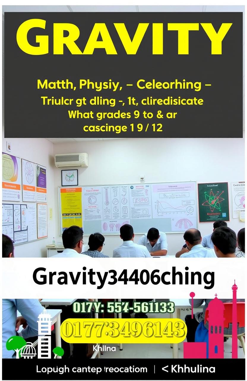 A bright and inviting coaching center named 'Gravity Coaching', dedicated to teaching Math, Physics, and Chemistry for grades 9 to 12