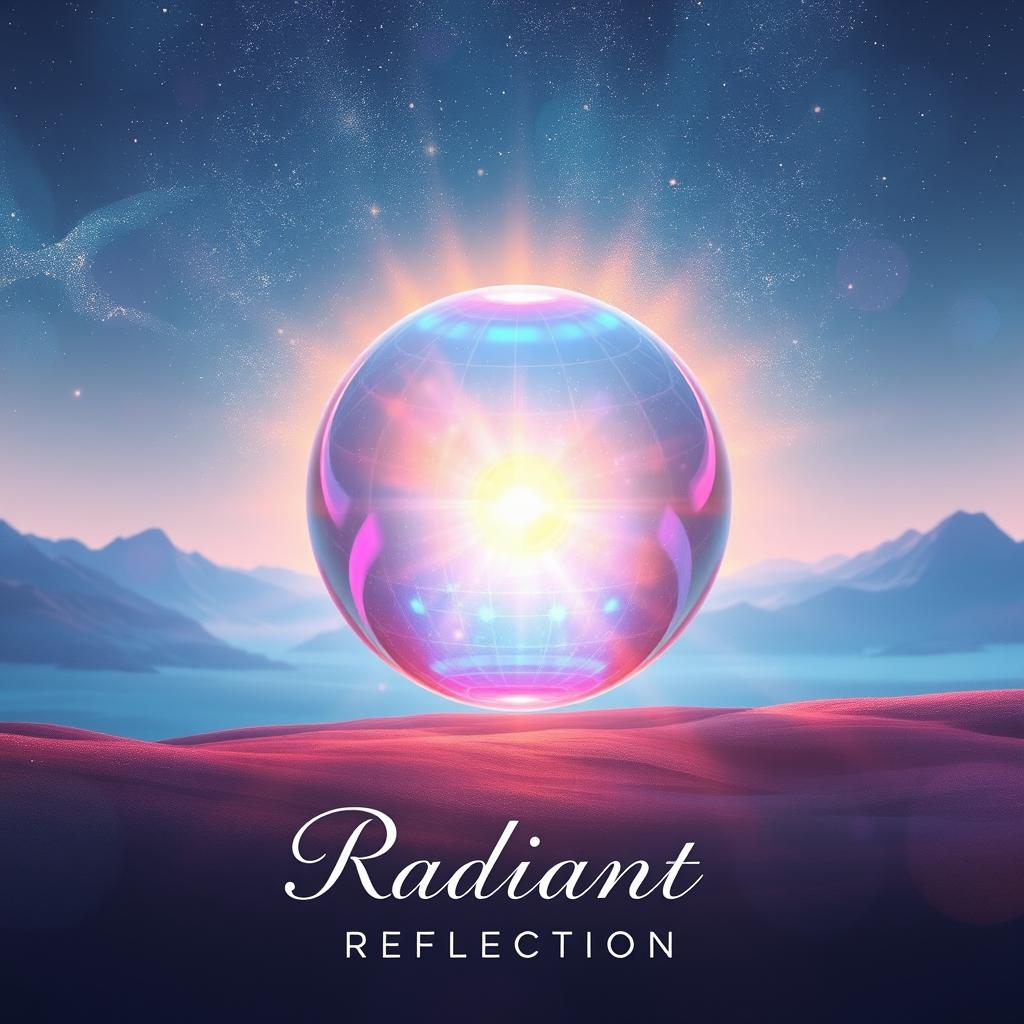 A stunning glowing orb floating in an otherworldly landscape, radiating gentle, multicolored light
