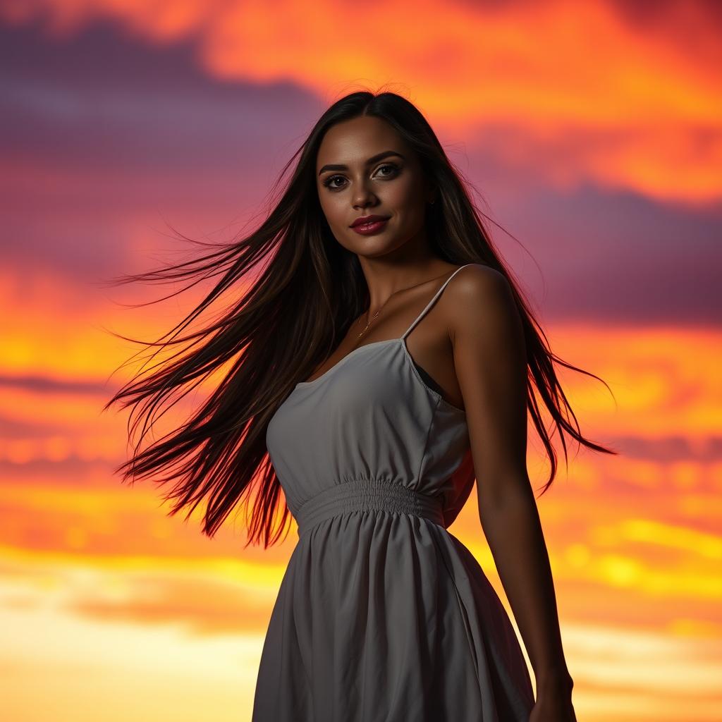 A young woman standing confidently against a breathtaking sunset, with vibrant hues of orange, pink, and purple filling the sky
