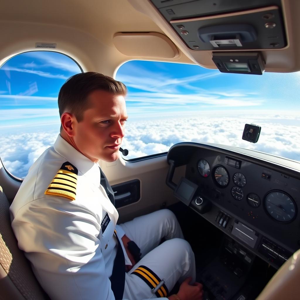 A skilled airplane pilot in a modern cockpit, wearing a crisp white uniform with gold insignia, focused on the instruments while flying high above fluffy white clouds