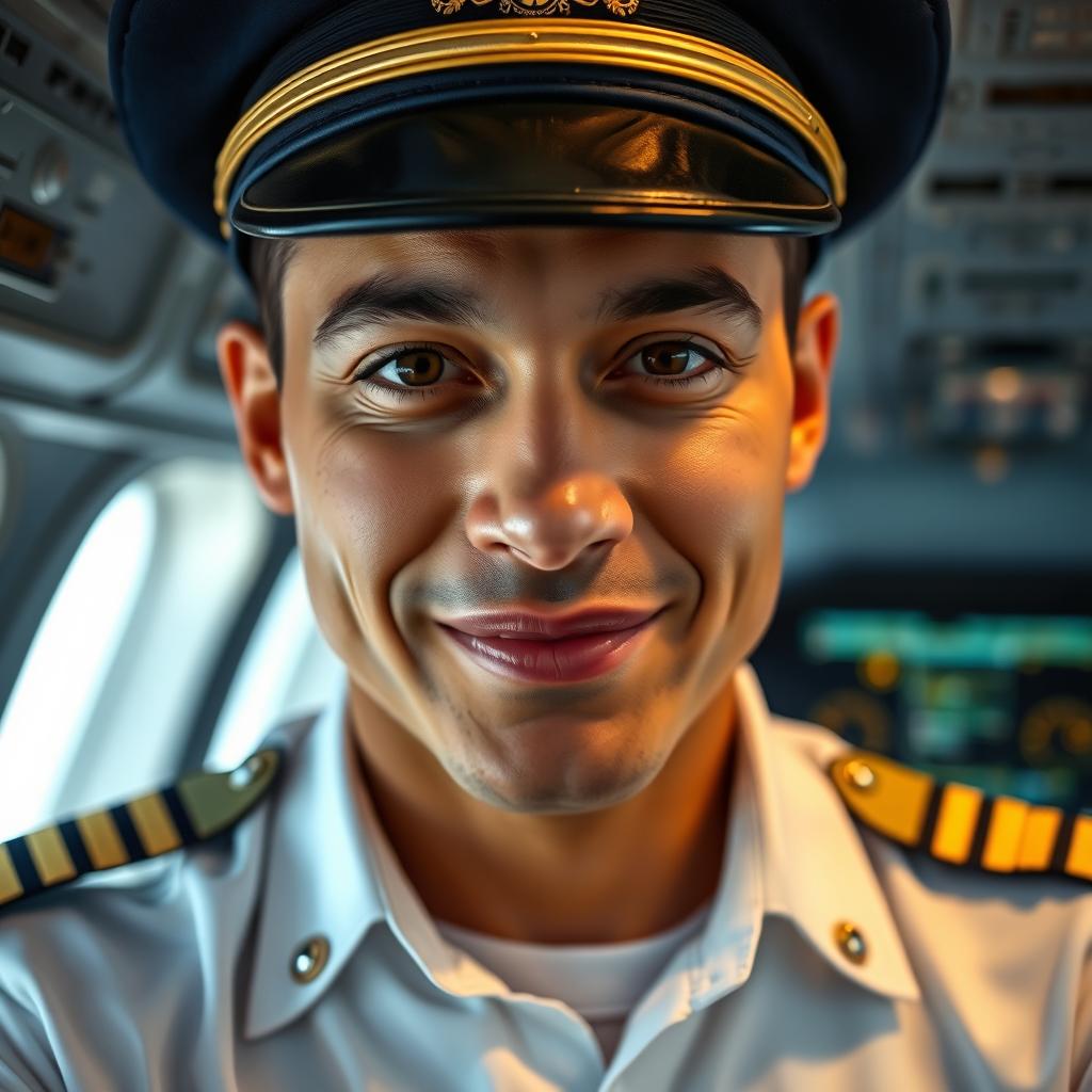 A close-up portrait of a confident airline pilot in a crisp white uniform with gold epaulettes