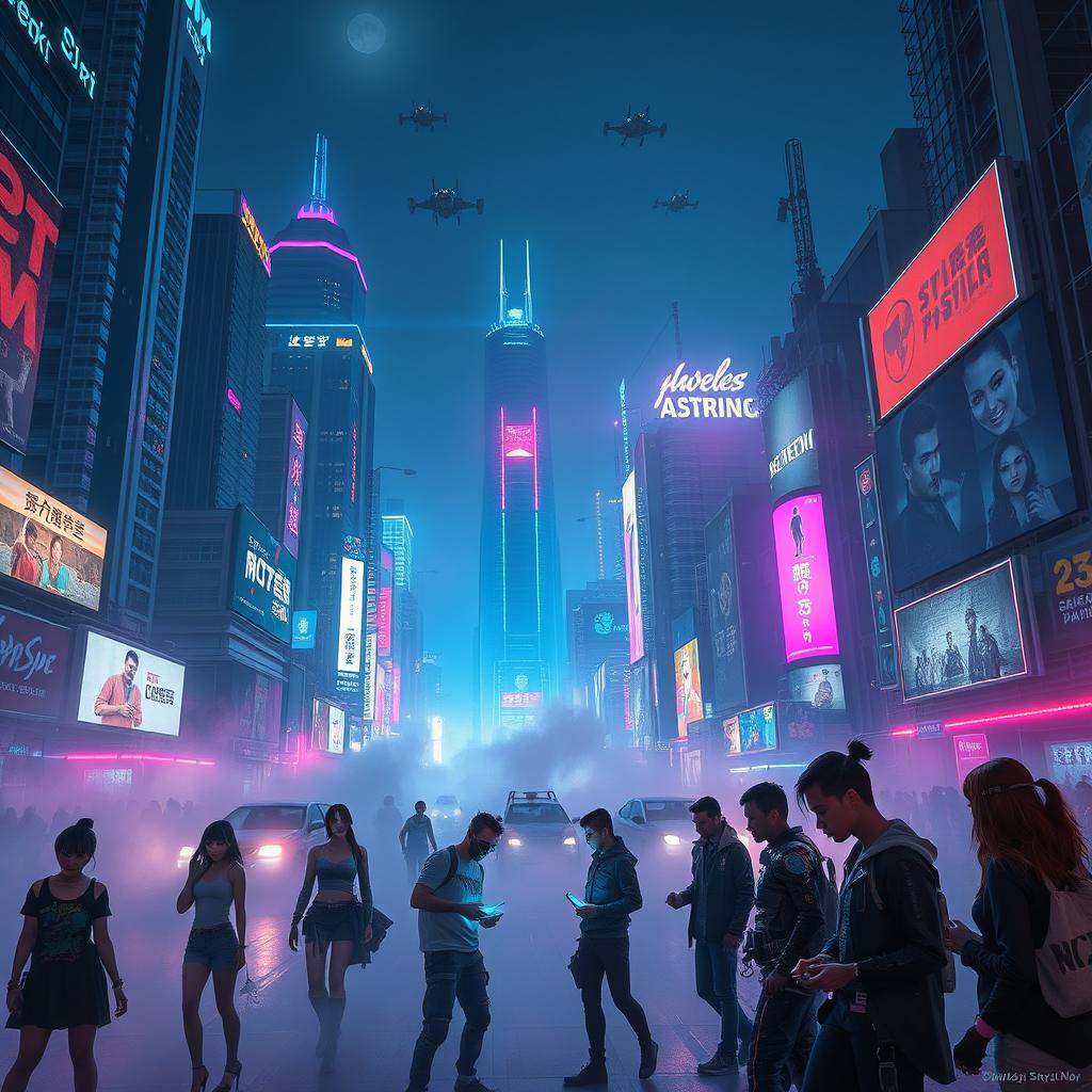 A vibrant cyberpunk cityscape at night, featuring towering skyscrapers adorned with neon lights in shades of blue, pink, and green