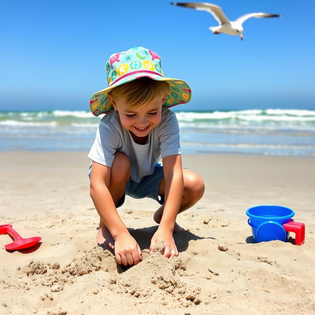 A young boy, around 10 years old, digging intently in a sandy beach, with a bright blue sky and gentle waves in the background