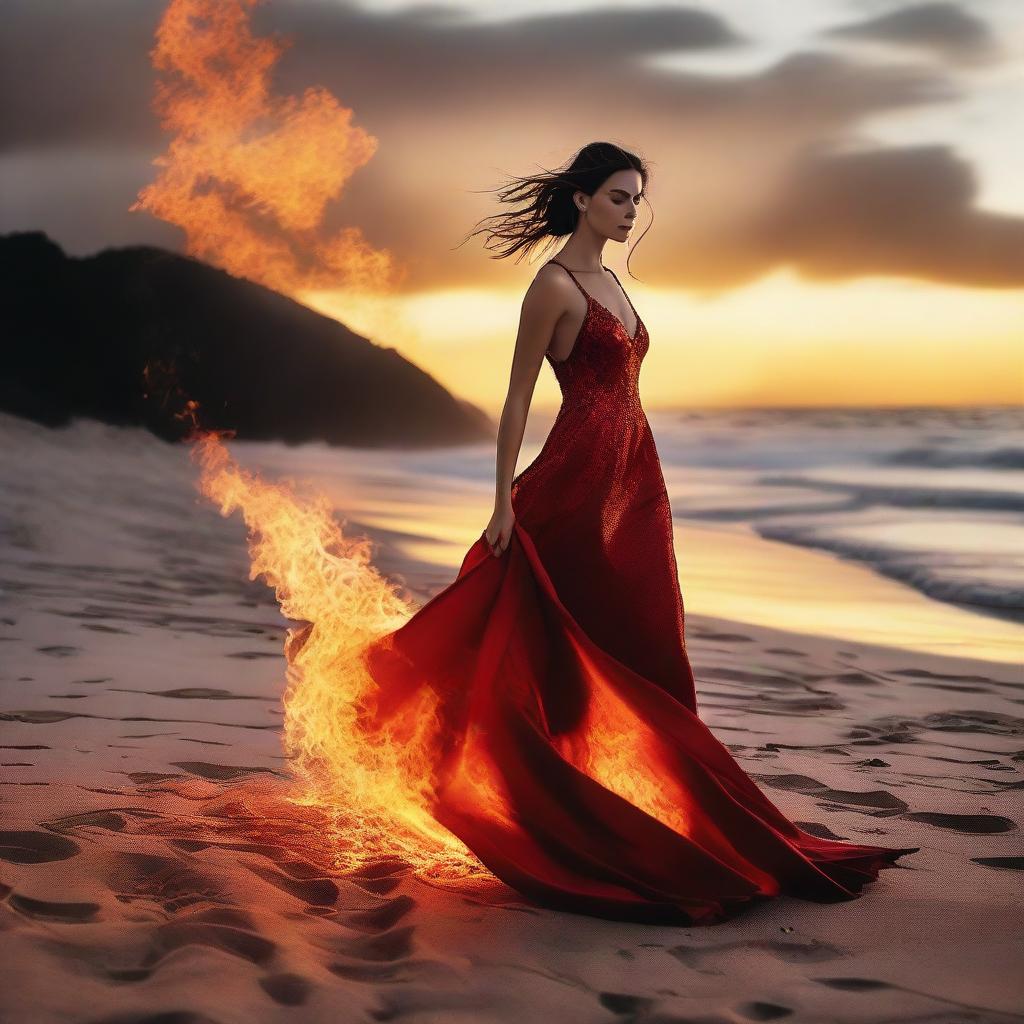 A dramatic scene of a fashion model on a tranquil beach under a setting sun, mysteriously enveloped by mesmerizing flames that harmoniously coexist with the serene seaside environment.