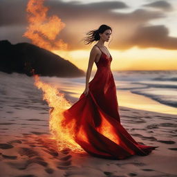 A dramatic scene of a fashion model on a tranquil beach under a setting sun, mysteriously enveloped by mesmerizing flames that harmoniously coexist with the serene seaside environment.