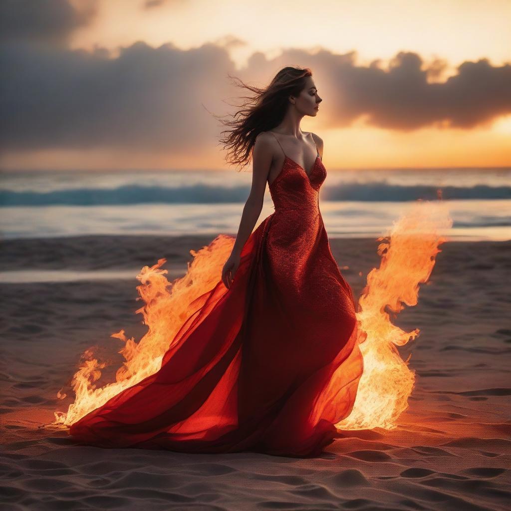 A dramatic scene of a fashion model on a tranquil beach under a setting sun, mysteriously enveloped by mesmerizing flames that harmoniously coexist with the serene seaside environment.