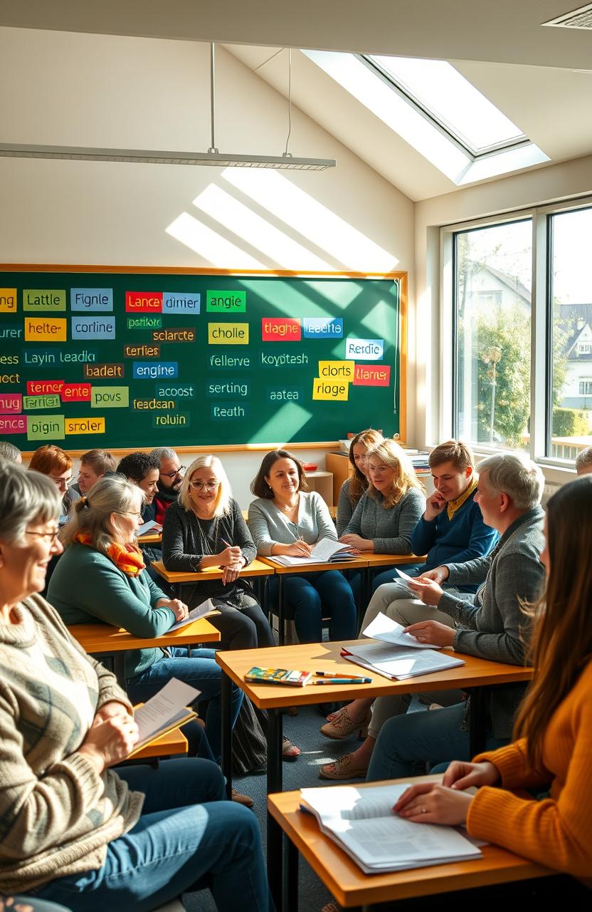 A heartwarming scene depicting a diverse group of adults from Scotland, sitting in a vibrant classroom setting, eagerly participating in an English language class