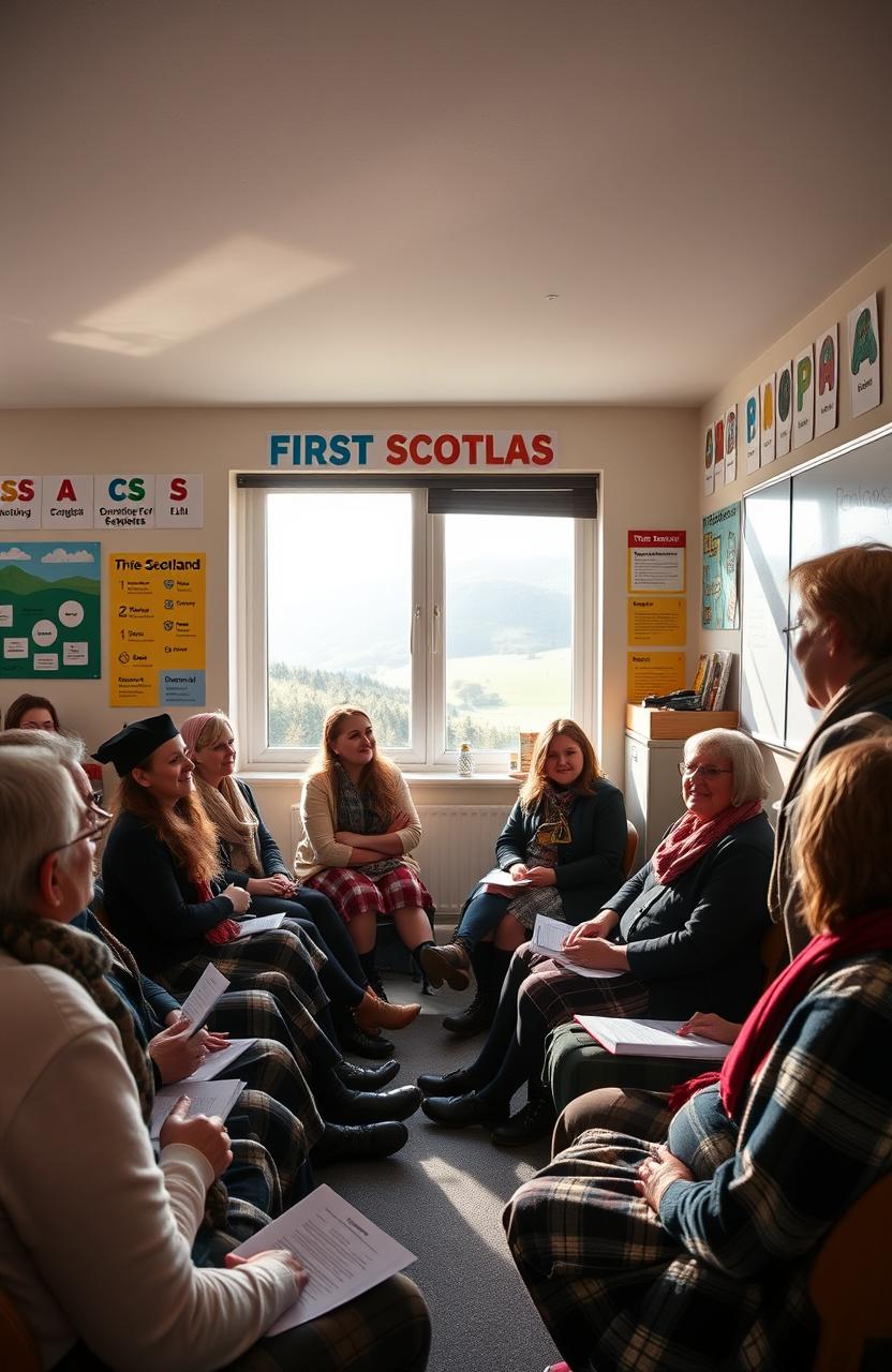 A group of first people from Scotland sitting in a cozy, well-lit classroom, attentively listening to an engaging teacher at the front