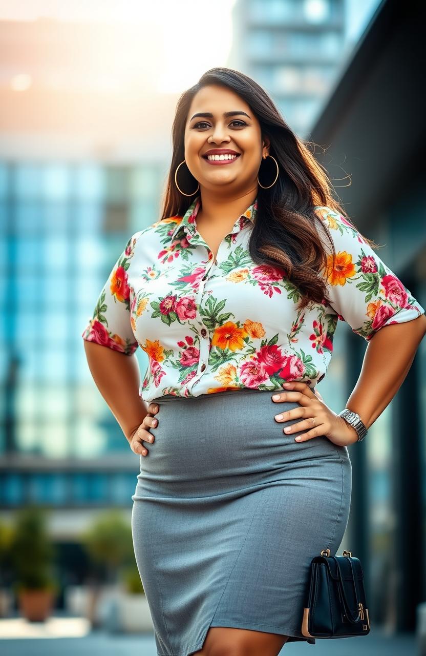 A confident fat woman, smiling and wearing a stylish button-up shirt tucked into a chic gray skirt