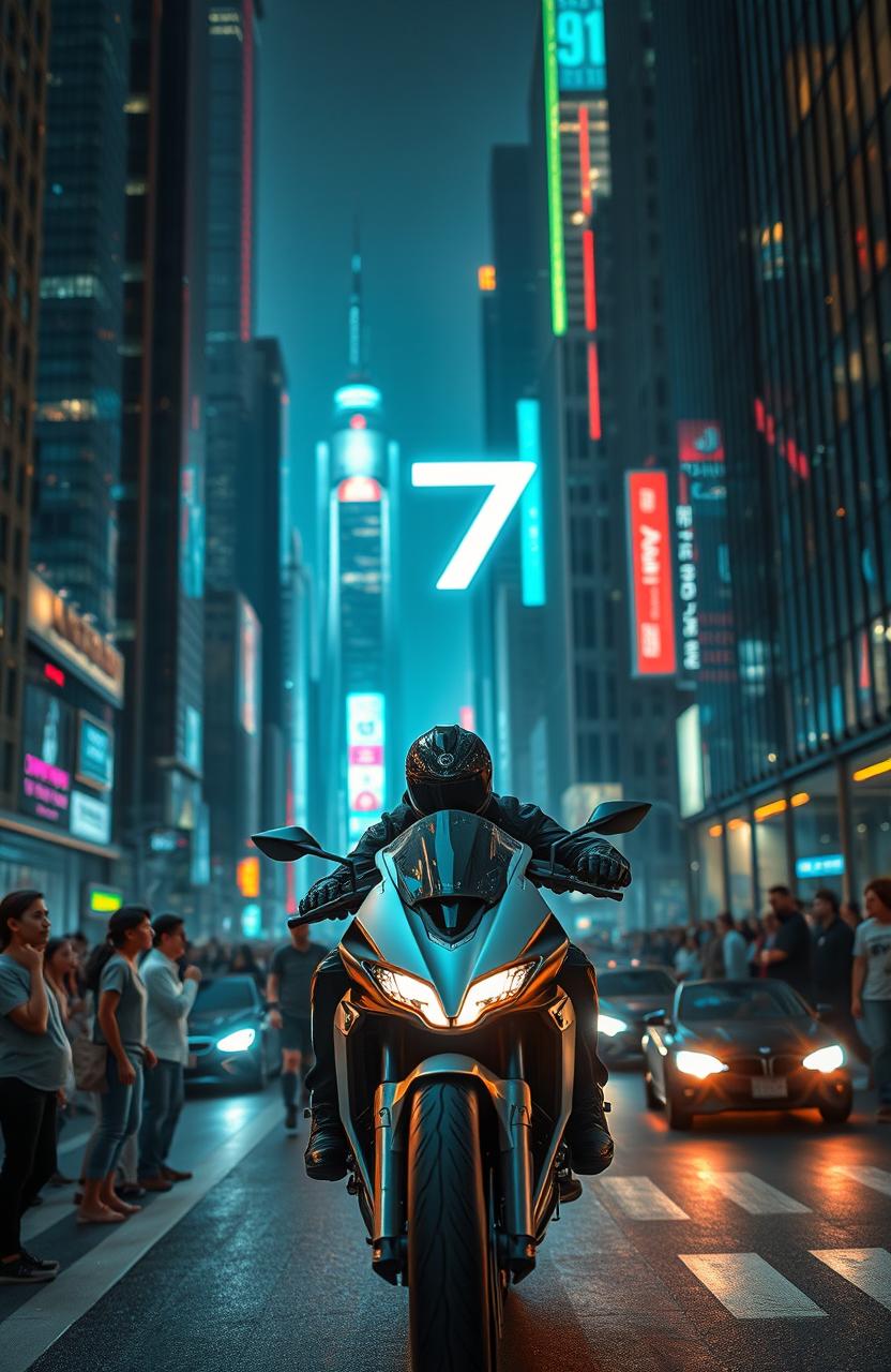 A thrilling scene of a futuristic cityscape at night, where high-tech vehicles zip through towering skyscrapers