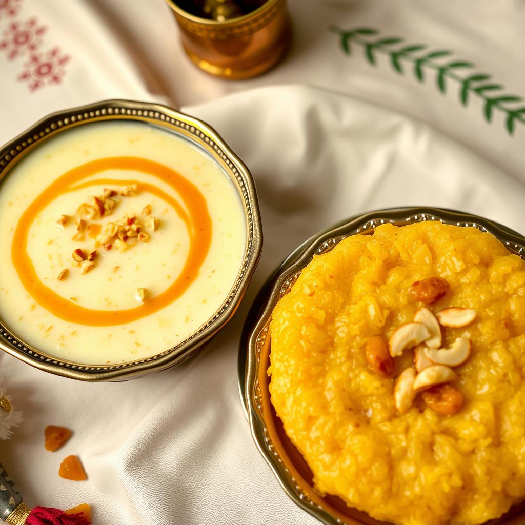 An inviting display of traditional Indian desserts featuring a bowl of creamy kheer topped with a sprinkle of chopped nuts and a drizzle of khoya, alongside a serving of warm sooji ka halwa garnished with golden raisins and slivers of almonds