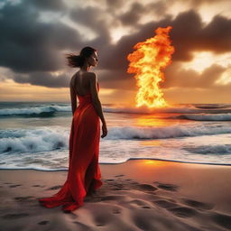 A dramatic scene of a fashion model on a tranquil beach under a setting sun, mysteriously enveloped by mesmerizing flames that harmoniously coexist with the serene seaside environment.